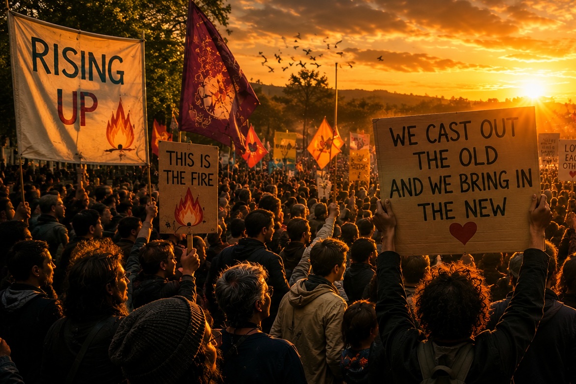 Crowd at sunset holding signs: Rising Up, This Is The Fire, We Cast Out The Old And We Bring In The New