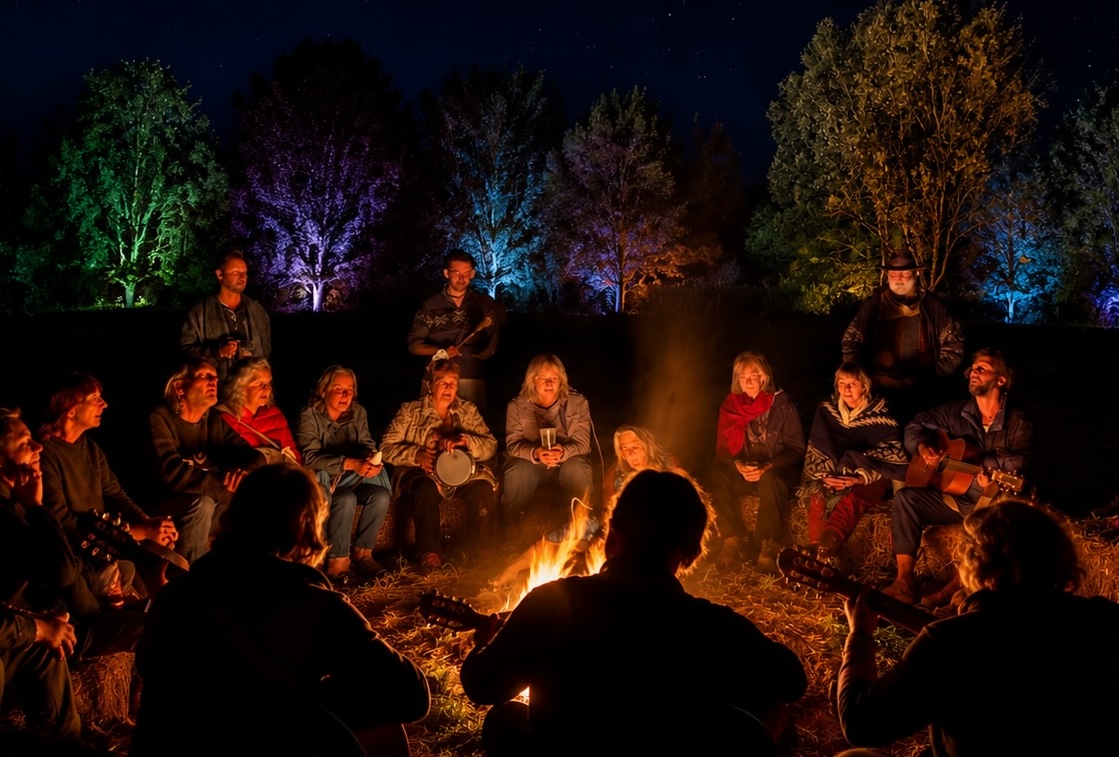 Musicians and singers gathered around a campfire at night with coloured lights in the trees