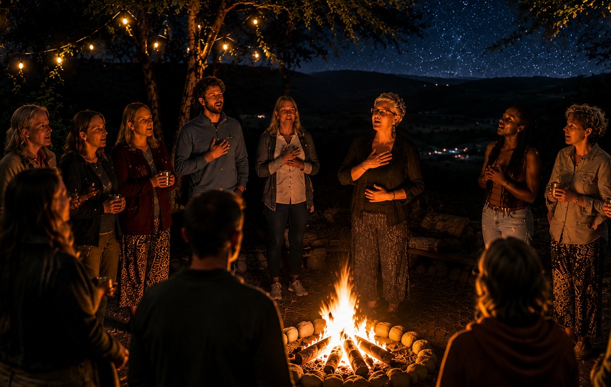 Group singing together around a campfire under a starry sky