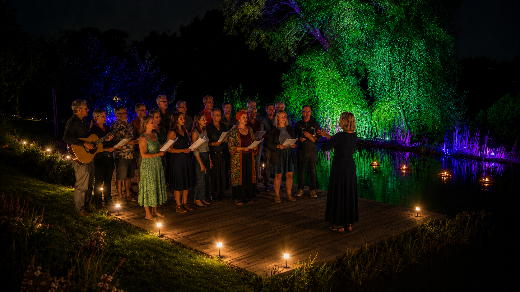 Choir singing by candlelight beside an illuminated pool at night